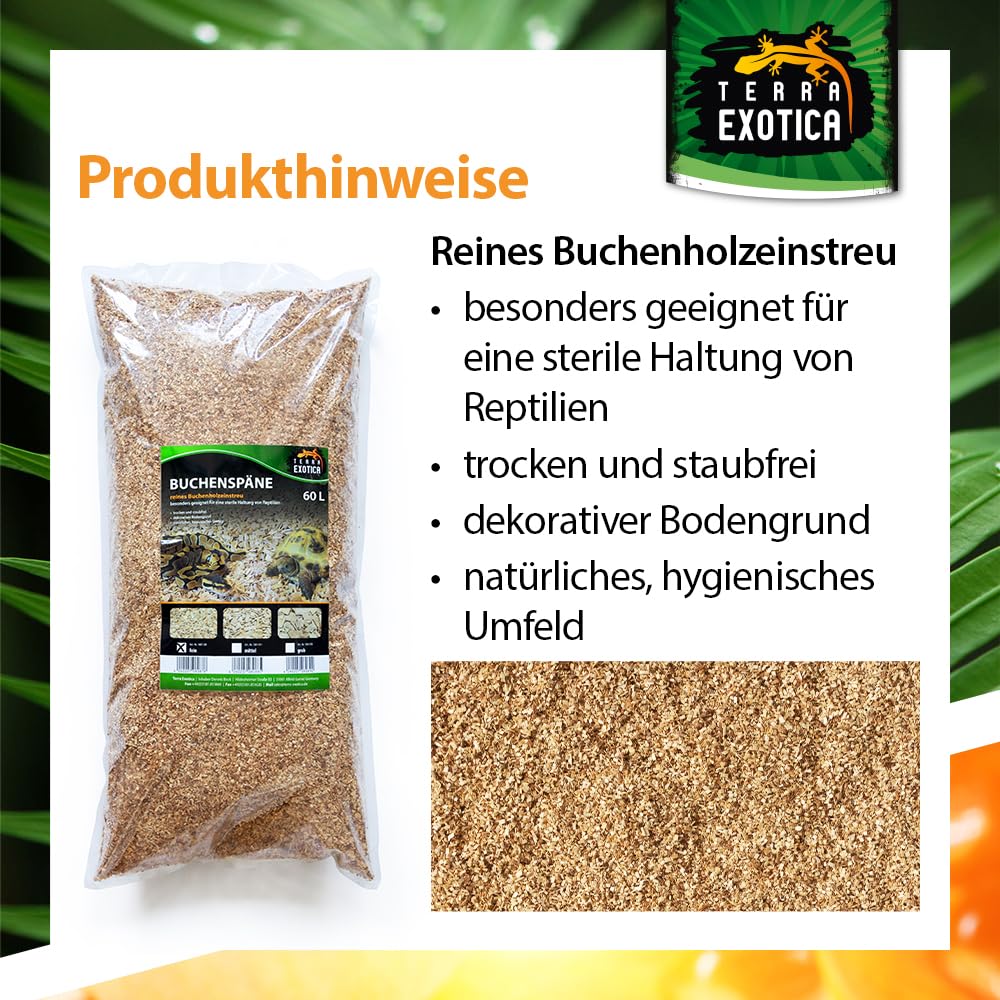Buchenspäne fein als Einstreu für Ihr Terrarium in 10, 20 oder 60 Liter - Natürliches Buchenspan geeignet für Reptilien, Vögel und Kleinsäuger (60 Liter)
