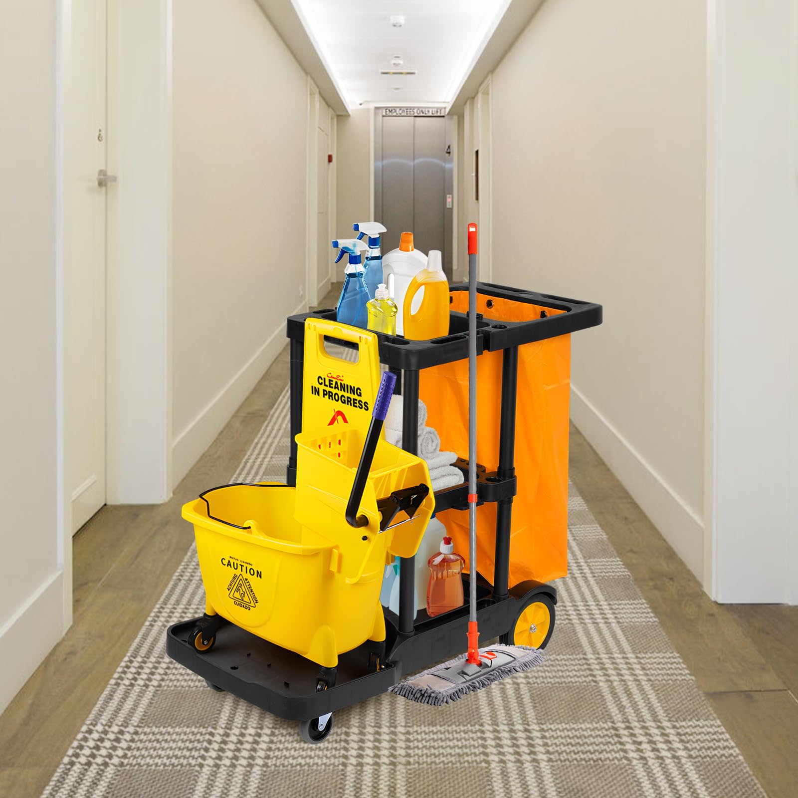 Chariot de nettoyage professionnel avec 3 compartiments - Chariot de nettoyage professionnel avec sac poubelle - 113 x 56 x 93 cm - Chariot de nettoyage avec 4 roulettes - Grande capacité - Sac