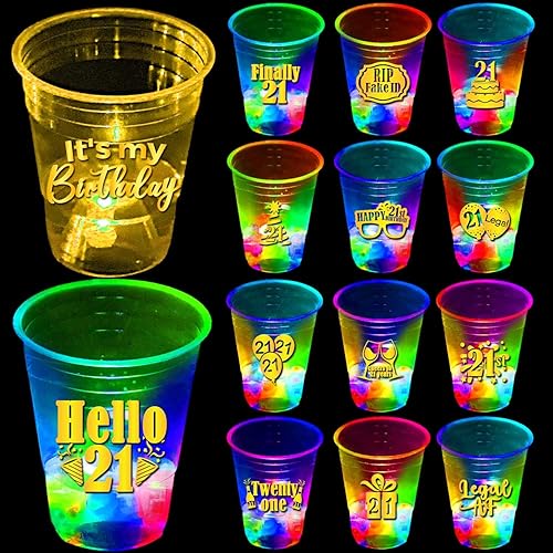 mishunyus Paquete de 24 tazas de plástico dorado de 16 onzas que brillan para cumpleaños número 21 para celebración de adultos, decoración de