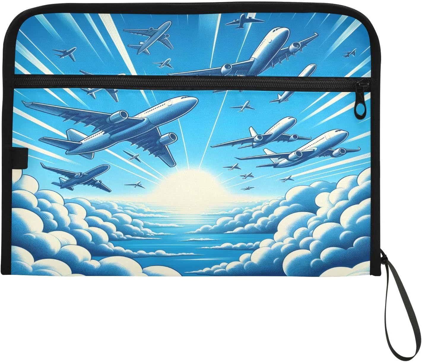 Airplanes Flying in The Sky Expanding File Folder, 13 Pockets Accordion File Organizer with Sticky Labels Zipper Portable A4 Document Organizer for Home Office School Supplies