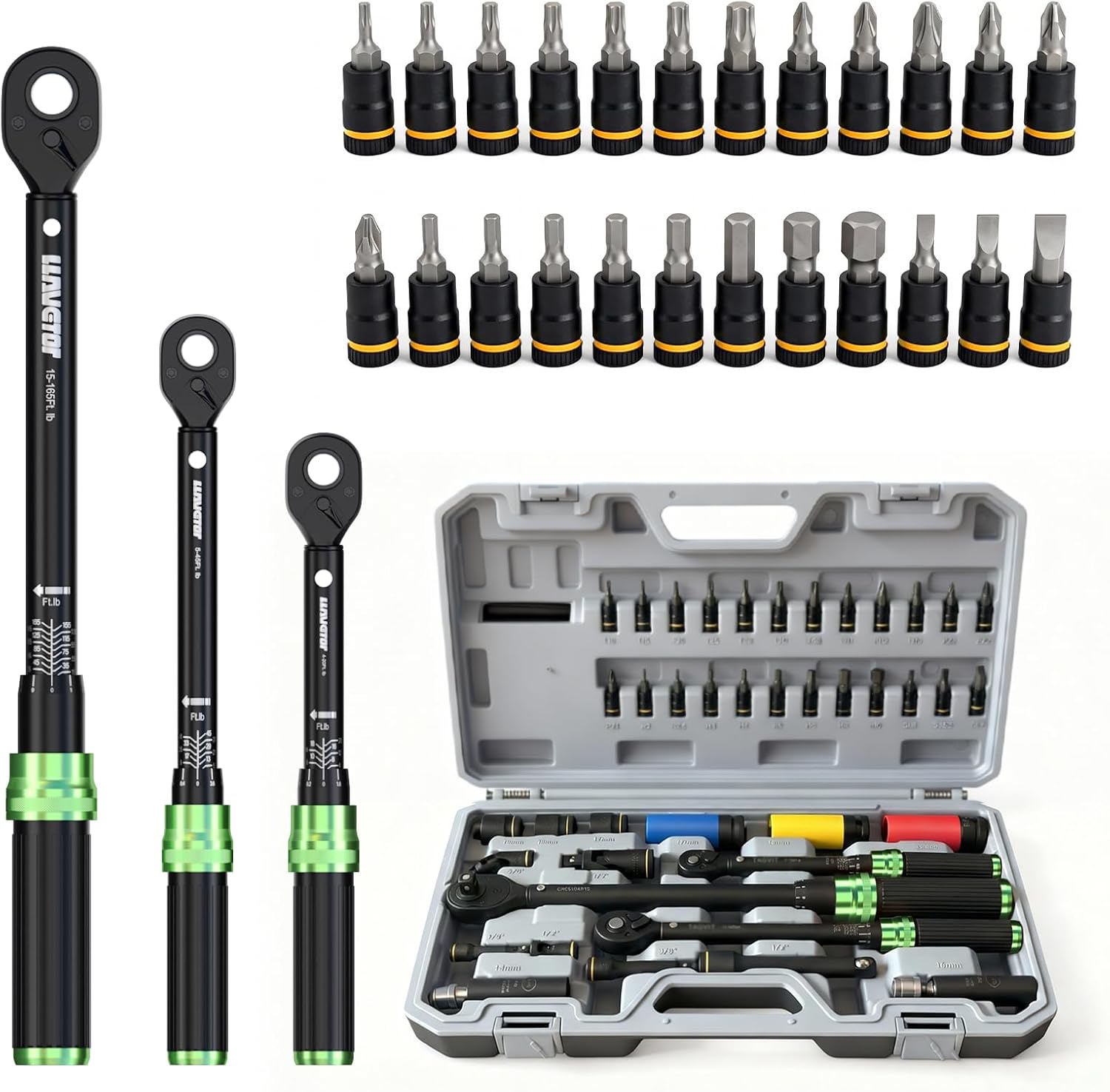 Torque Wrench Set, 1/4 3/8 1/2 Drive 41-Piece Kit with Sockets & Extensions, ±3% Accuracy Dual Scale, CR-V Steel, 72-Tooth Ratchet for Auto, Bike, Moto Repair & Industrial