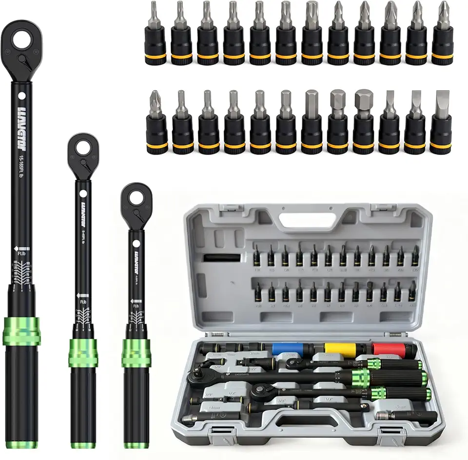 Torque Wrench Set, 1/4 3/8 1/2 Drive 41-Piece Kit with Sockets & Extensions, ±3% Accuracy Dual S...