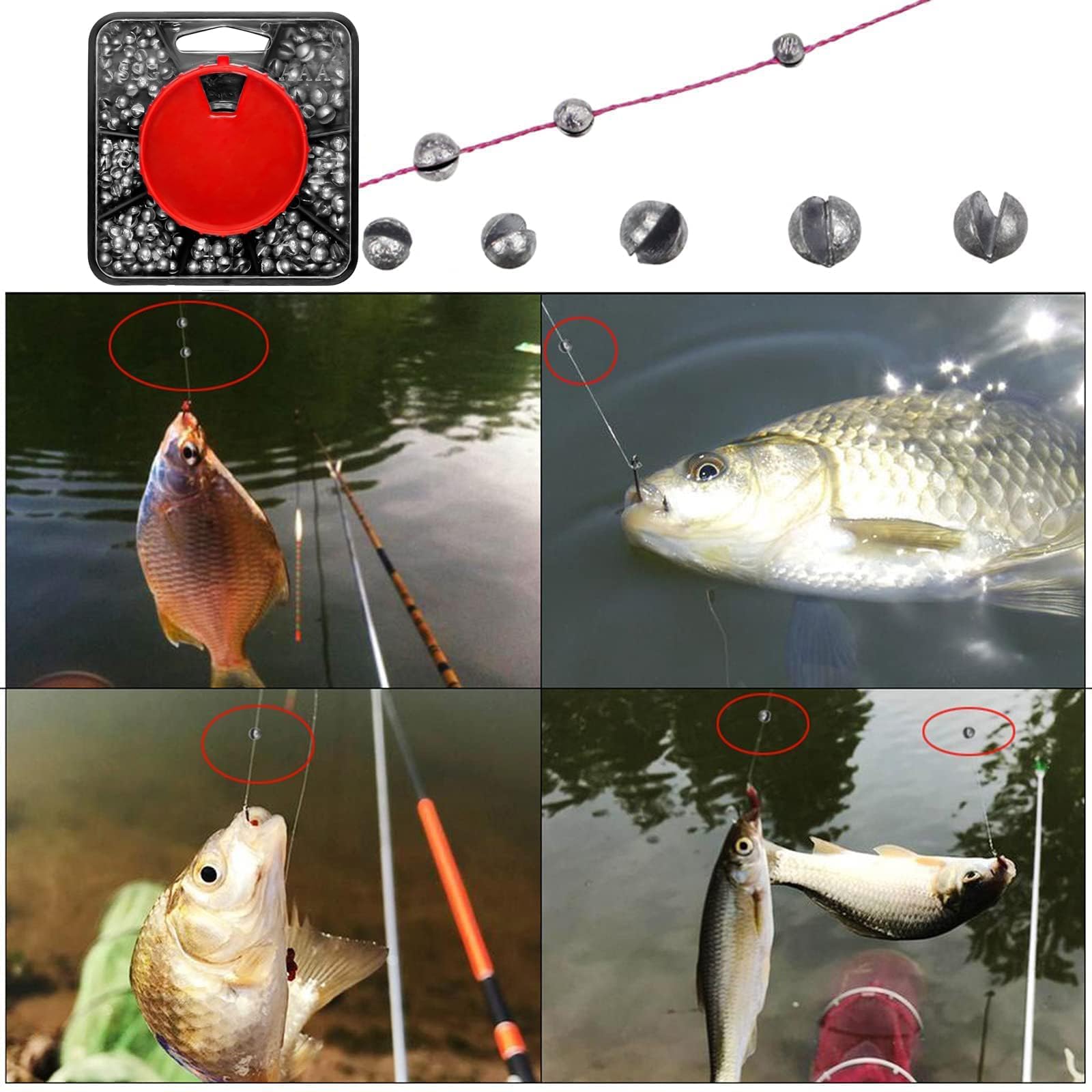 358 Piezas Pesas de Pesca, 7 Tamaños de Redondo Plomos Pesca, Plomo Peso AccesorioApto para Agua Salada y Agua Dulce Estabilizar Cebo Línea (0.2g/0.35g/0.4g/0.6g/0.8g/1g/1.5g)