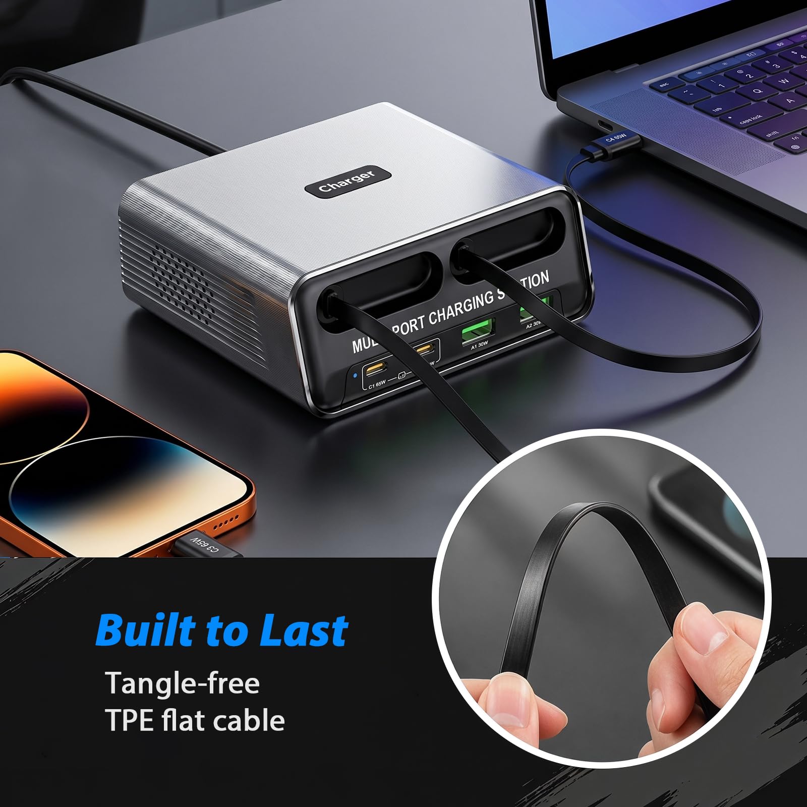 Stazione di ricarica GaN 6 in 1 per più dispositivi, caricabatterie rapido USB-C da 65 W con 2 cavi retrattili, piccola multi porta compatibile con MacBook/iPad/Phone 17/16/Samsung, design silenzioso