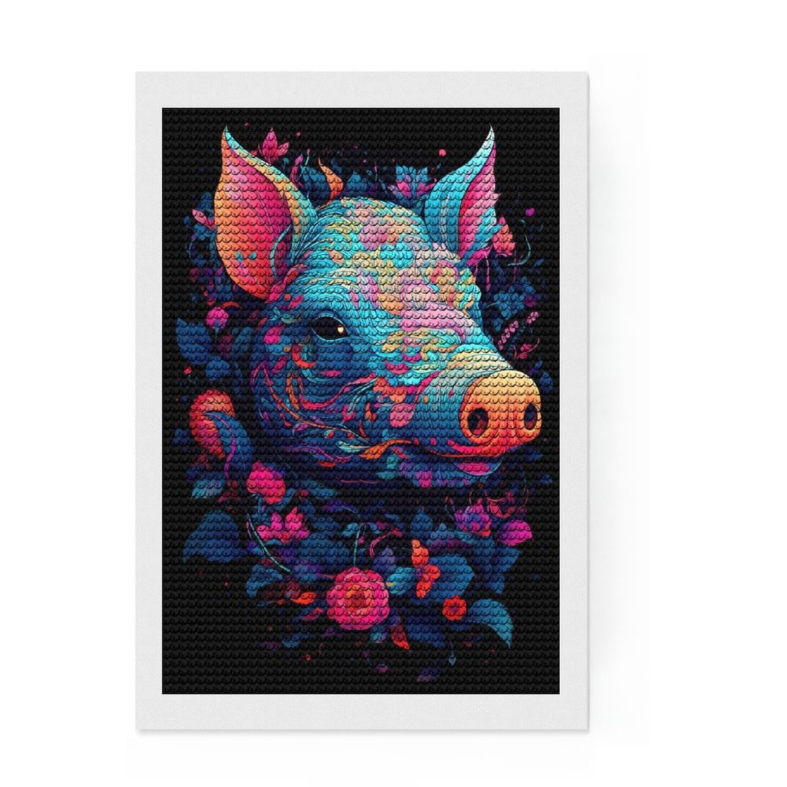 Junmoney Pig Diamond Painting Kit 8"x12", Bedroom Decor, Round Gems, Full Kit Included, Relaxing Handmade Project