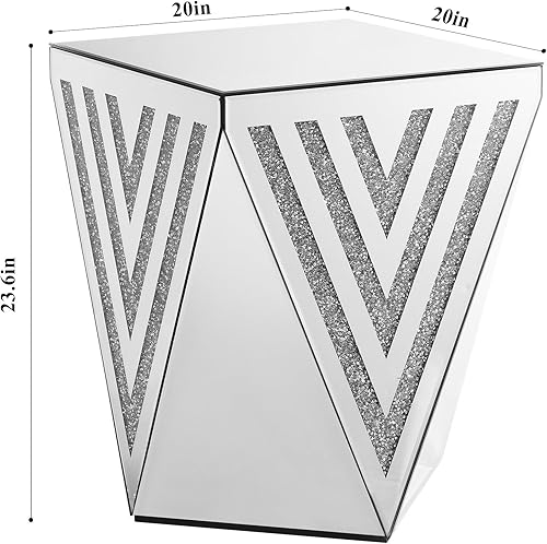 Miniatura 17 de SSLine Mesa auxiliar cuadrada con espejo con luces LED, mesita de noche con espejo, mesa auxiliar de espejo con acabado plateado para dormitorio,