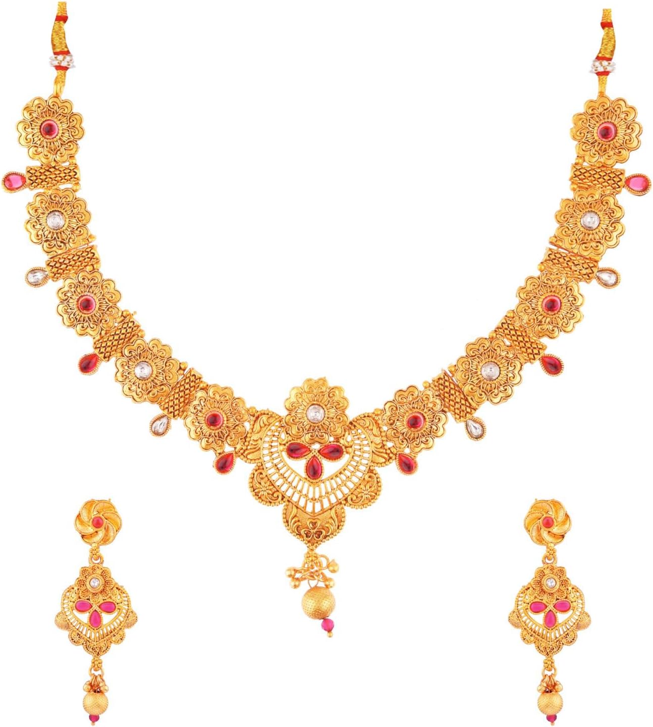 Efulgenz Indian Jewelry Sets for Women Floral Gold Tone Choker Necklace Dangle Earrings Set Indian Bridal Jewelry Set for Wedding Faux Pearl Crystal Necklace Dangling Earrings Fashion Bollywood Jewelry