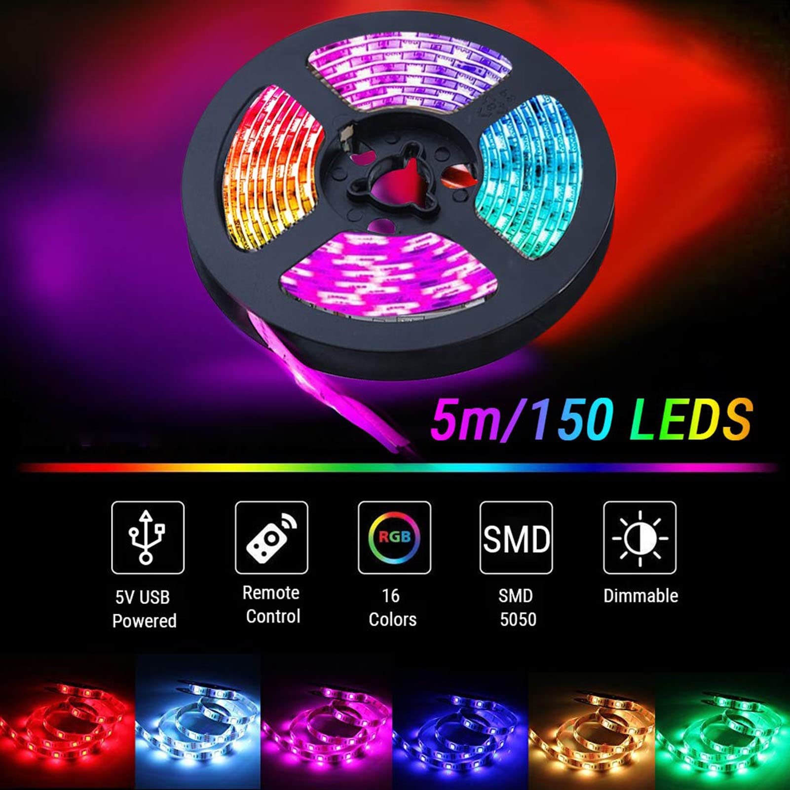 Taśma LED – światło LED USB, samoprzylepna, dekoracja RGB do wnętrz, kolorowe zmieniające się kolory, pilot zdalnego sterowania, 4 tryby dynamiczne, do tła telewizora (10 m, 300 LED)