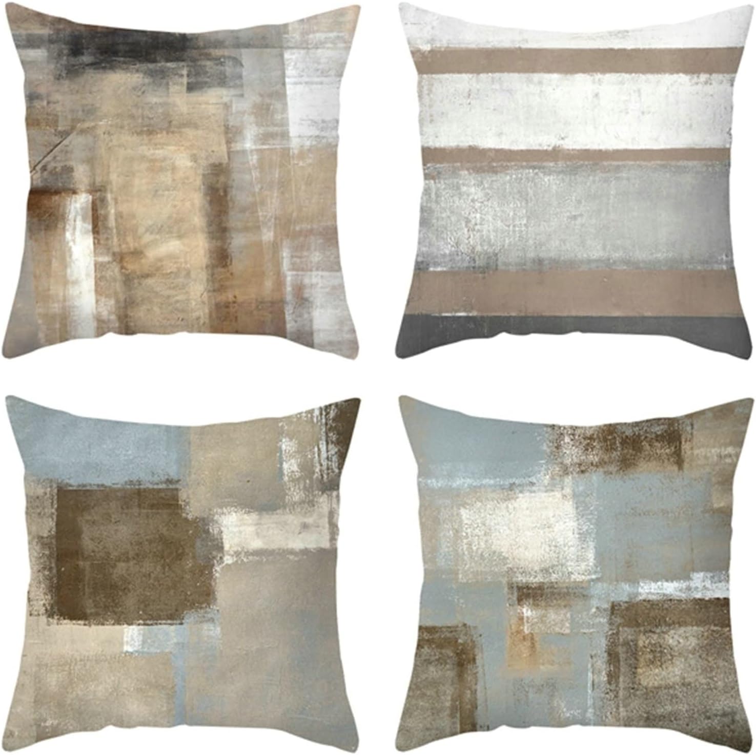 Daesar4 Pack Brown Grey White Stripe Grid Pattern Polyester Cushion Cover for Kids 40x40cm