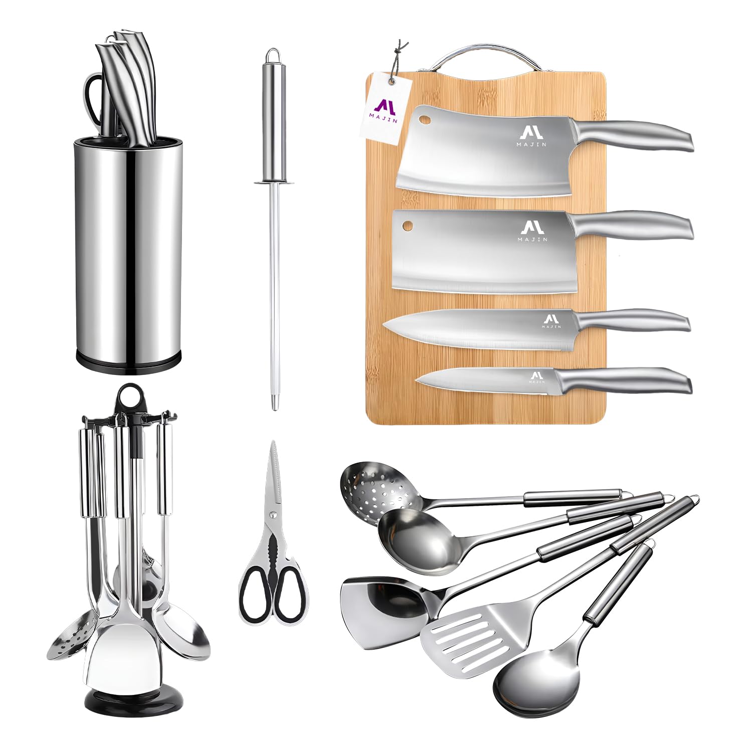 MAJIN Kitchen Knife Set w/Block – Stainless Steel Boning, Slicing, Chefs Knife, Kitchen Scissors, Knife Sharpener, Chopping Board, Utensils – Rust Proof, Easy Clean, Versatile Kitchen Set