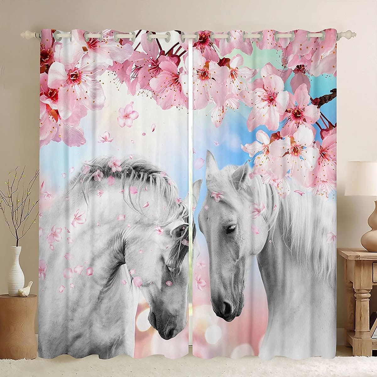 Loussiesd Paire de rideaux de fenêtre pour enfants - Motif cheval galopant - Blanc - Imprimé fleurs de cerisier - 137 x 117 cm - Décoration d'intérieur