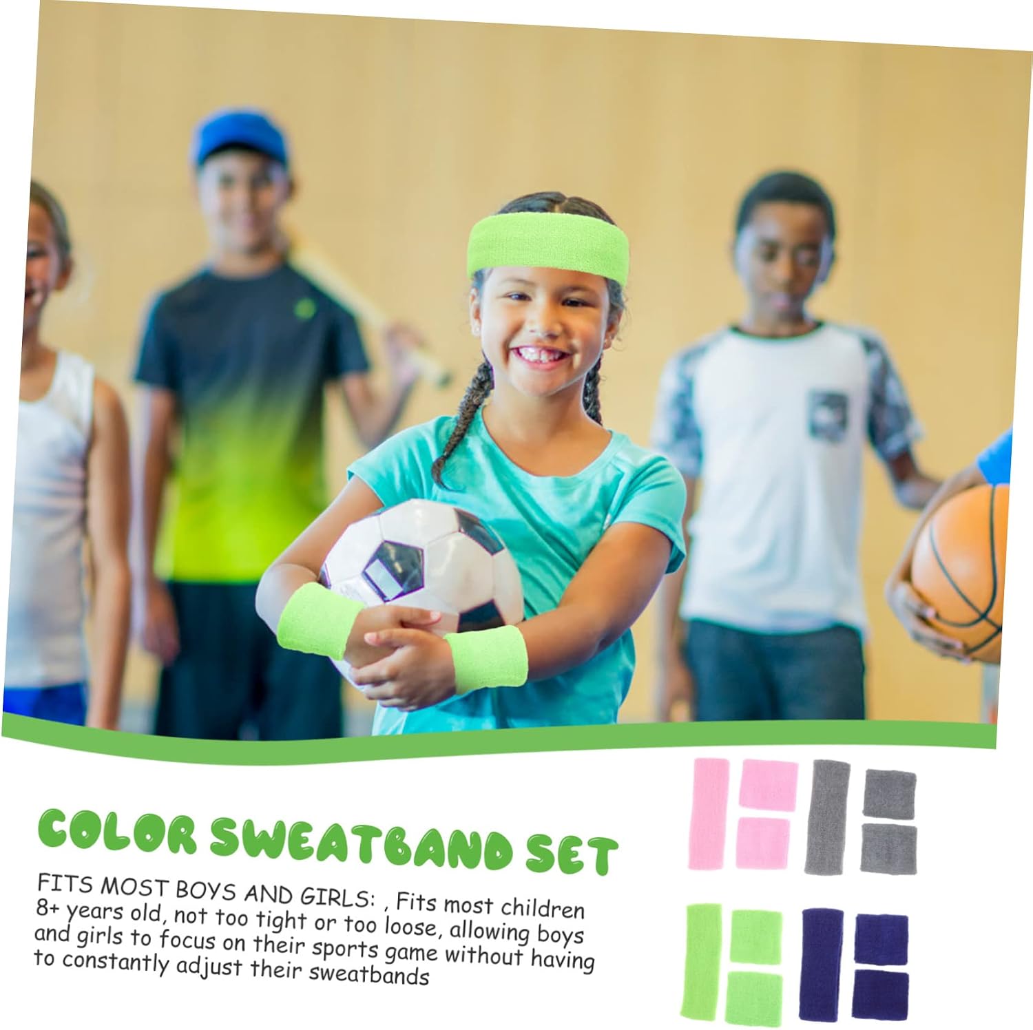 balacoo 4sets Boys and Girls Sweatbands Colorful Sweat Headbands and Wristbands for Girls Outdoor Sports Activities Pink Gray