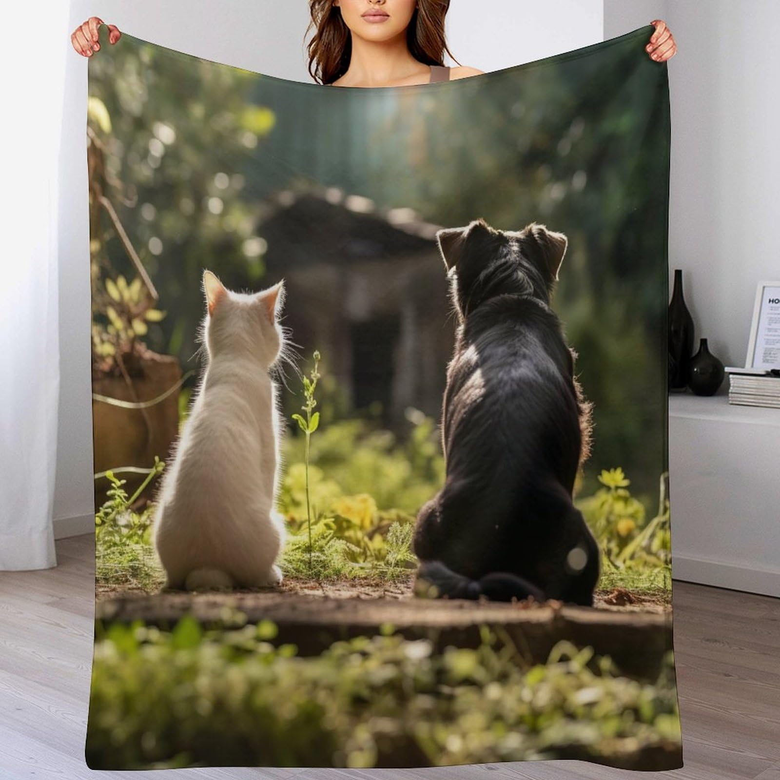 Tapis douillet couverture polaire lavable en machine imprimé chat de 130x150cm