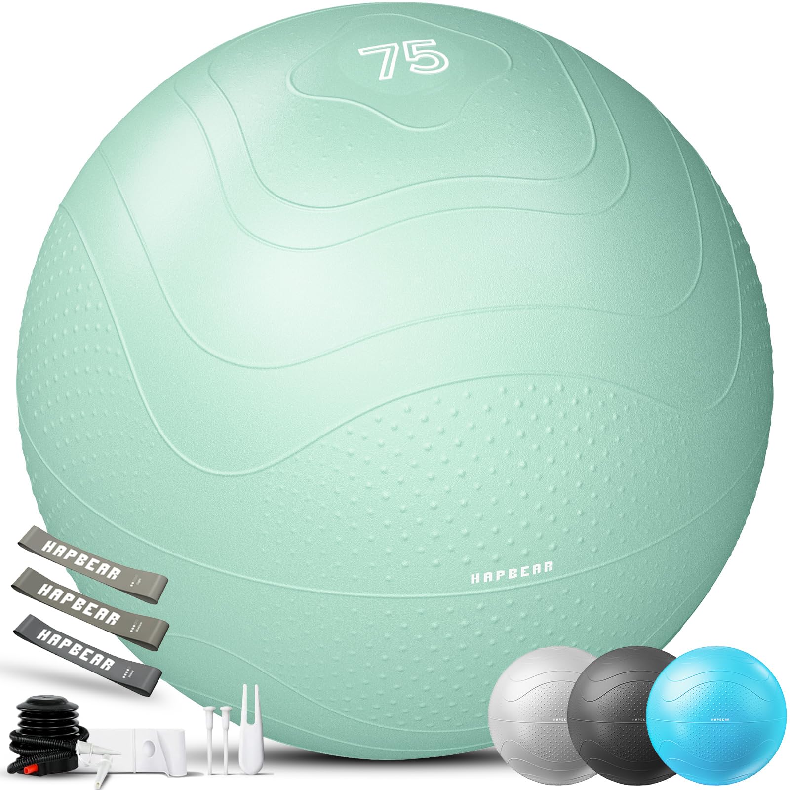 HAPBEAR Gymnastikball & Sitzball (55/65/75 cm) – Anti-Burst, rutschfest Mit Massage-Noppen, Extra Dickes PVC, Bis 200 Kg – Komplettset Mit Fußpumpe & 3 Widerstandsbändern für Fitness, Büro & Yoga