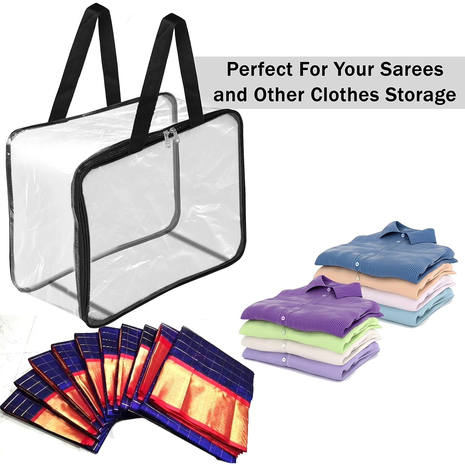 LISHER Transparent Pvc Storage Bag for Saree Covers,Clothes, Lehenga, Blankets, Bedsheets, Toys, Docs | Wardrobe Organizer | Clear Storage Box Bag (3) 4