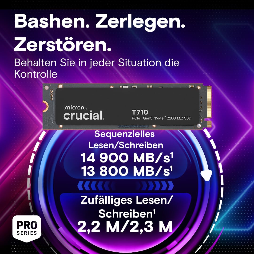 Crucial T710 SSD 4TB M.2 NVMe PCIe 5.0 x4 Gen5, bis zu 14.500 MB/s Lesen, 13.800 MB/s Schreiben, für Laptop und Desktop PC, TLC NAND, Interne Festplatte - CT4000T710SSD8-01