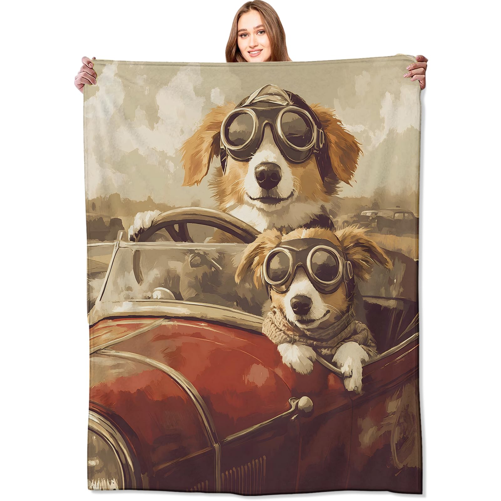 VODRM Vintage Corgi Road Trip Blanket Dogs in Goggles Riding Classic Car Throw Blankets,Birthday Gifts for Kids Adult & Retro Lovers,Lightweight Soft