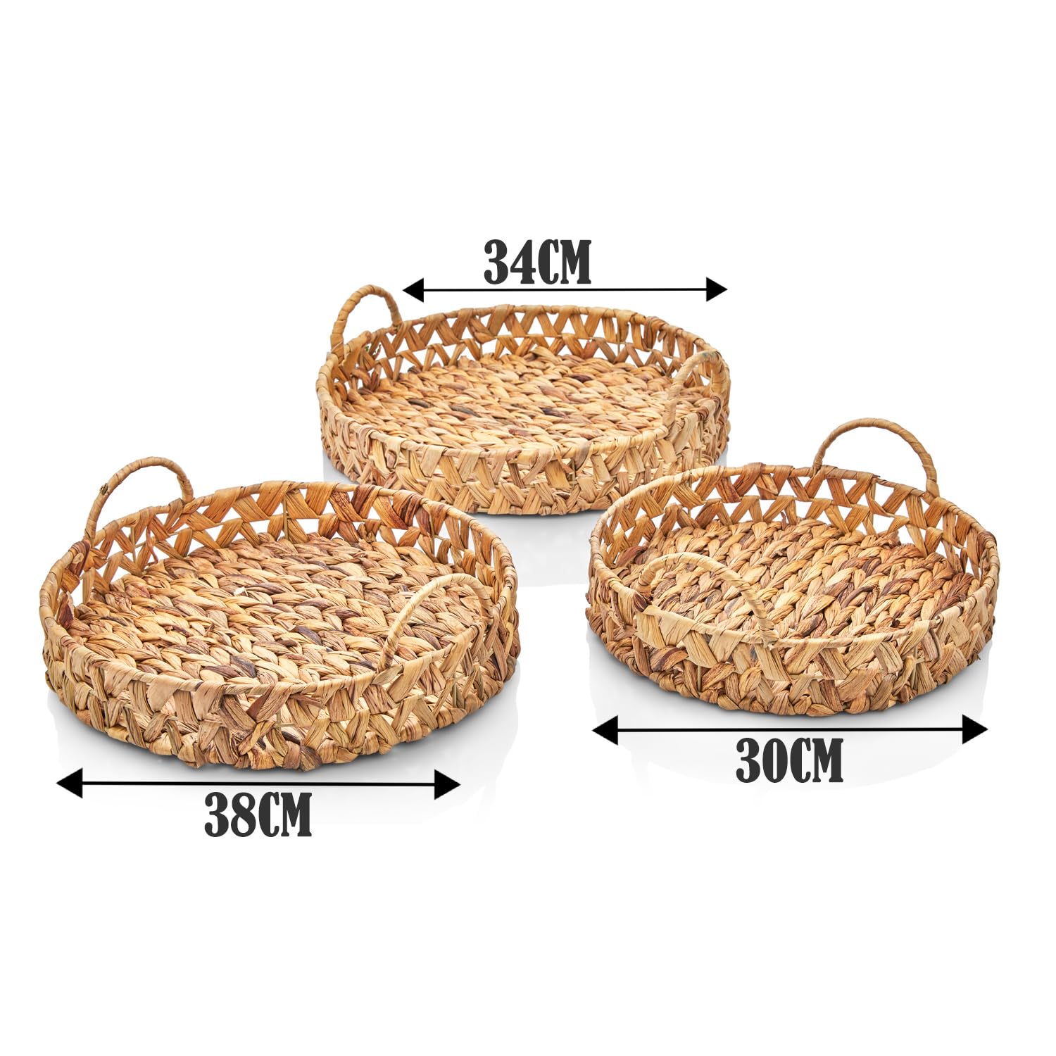 Deconox 3'lü Rustik El Yapımı ve Doğal Yuvarlak Hasır Kulplu Tepsi Seti, 3'lü Hasır Yuvarlak Kulplu Tepsi Seti, Rattan 3 Boy Tepsi (38 * 6cm-34 * 6cm-30 * 24 * 6cm)