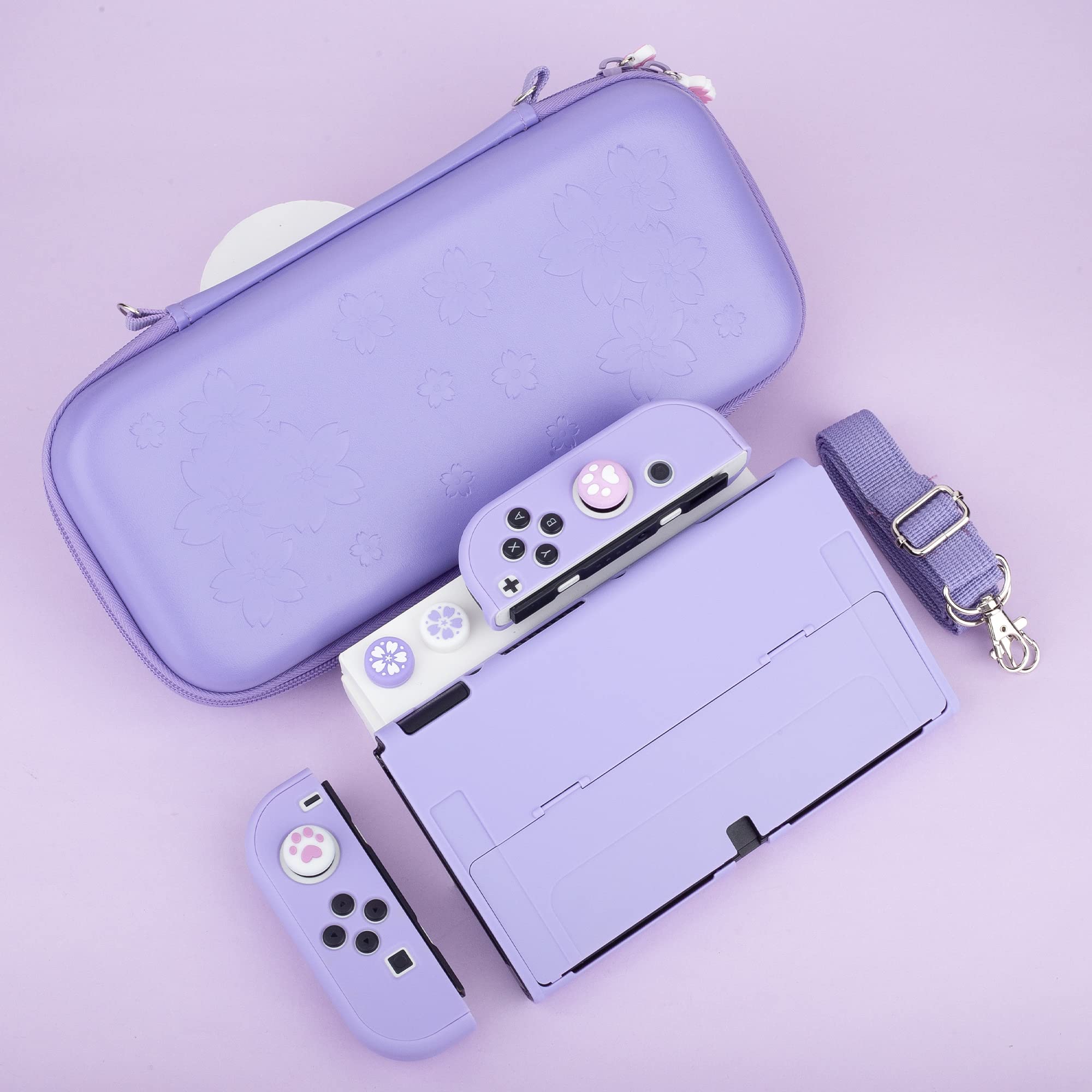 RHOTALL Sakura - Set di custodie per Nintendo Switch OLED, con custodia rigida, protezione schermo, 4 tappi per pollice, fascia da polso e tracolla (viola)