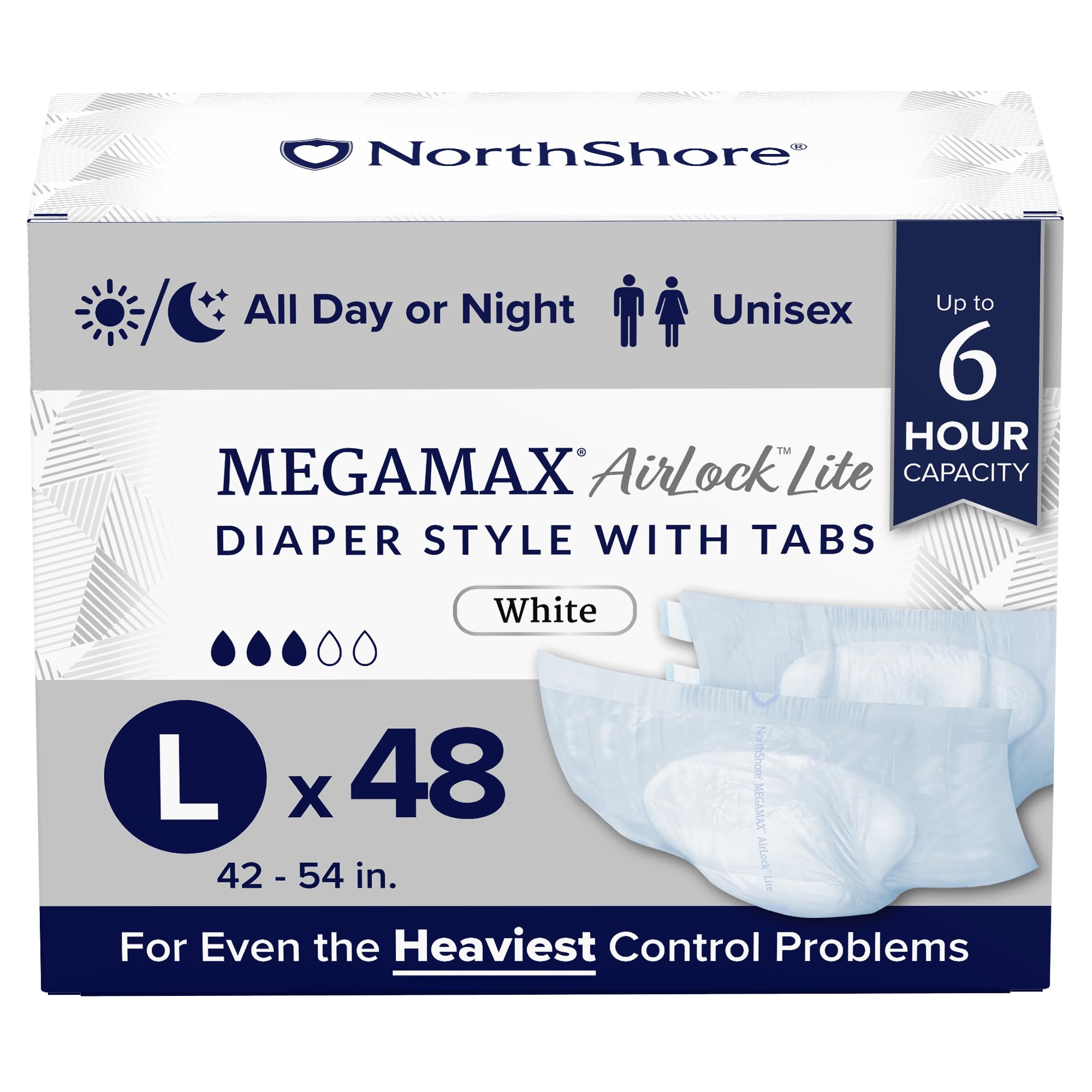 NorthShore MegaMax AirLock Lite Breathable 6-Hour Tab-Style Adult Diapers, Large, 48 Count Case, White, 42-54 inches, Unisex Incontinence Underwear
