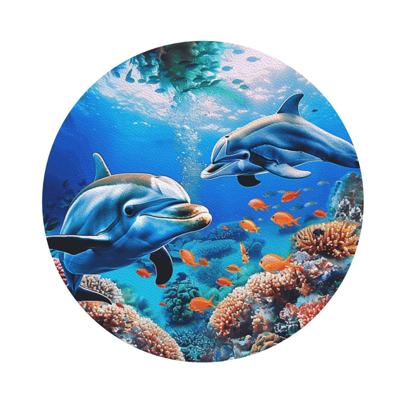 Beautiful Underwater World Dolphins Coral Print Leather Coaster Set of 6, Round Shape Coasters Table Decorative Coffee Cup Beverage Coasters Wine Beer Bar Coasters for Hot Drinks Table Protection