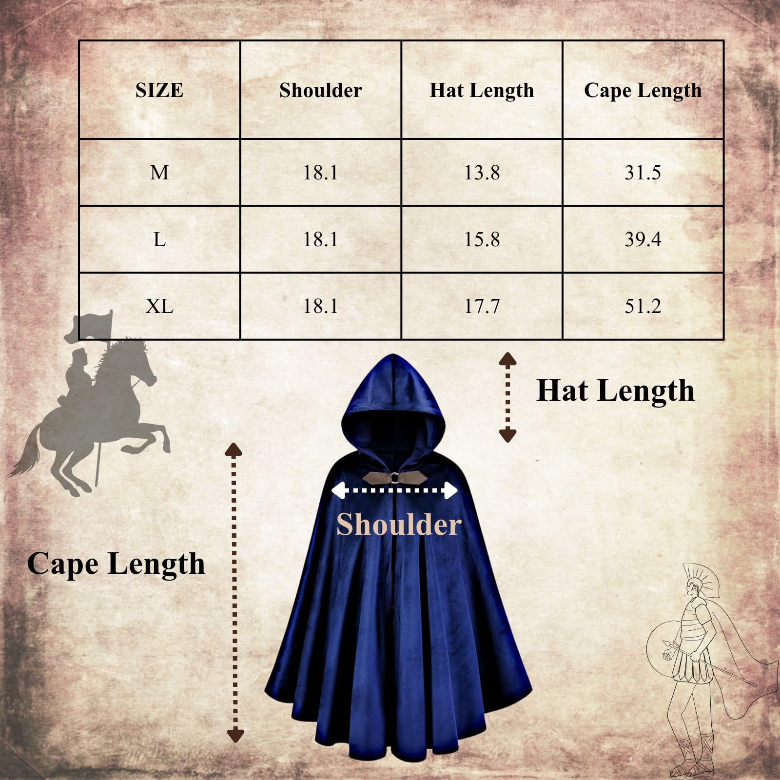 RRCBMD Mens Renaissance Medieval Hooded Cloak Victorian Steampunk Costume Cosplay Blue-100CM - Image 3