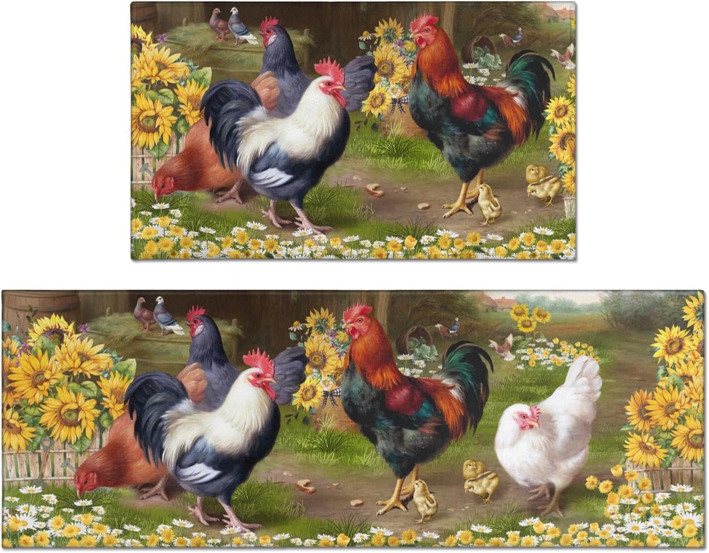 Rooster Theme Kitchen Rug 2 Piece Set, Farmhouse Decor Kitchen Floor Mat, Absorbent and Non-Slip Washable Runner Rug, Chicken Sunflower Decorations Kitchen Mats 17"x47"+17"x30"