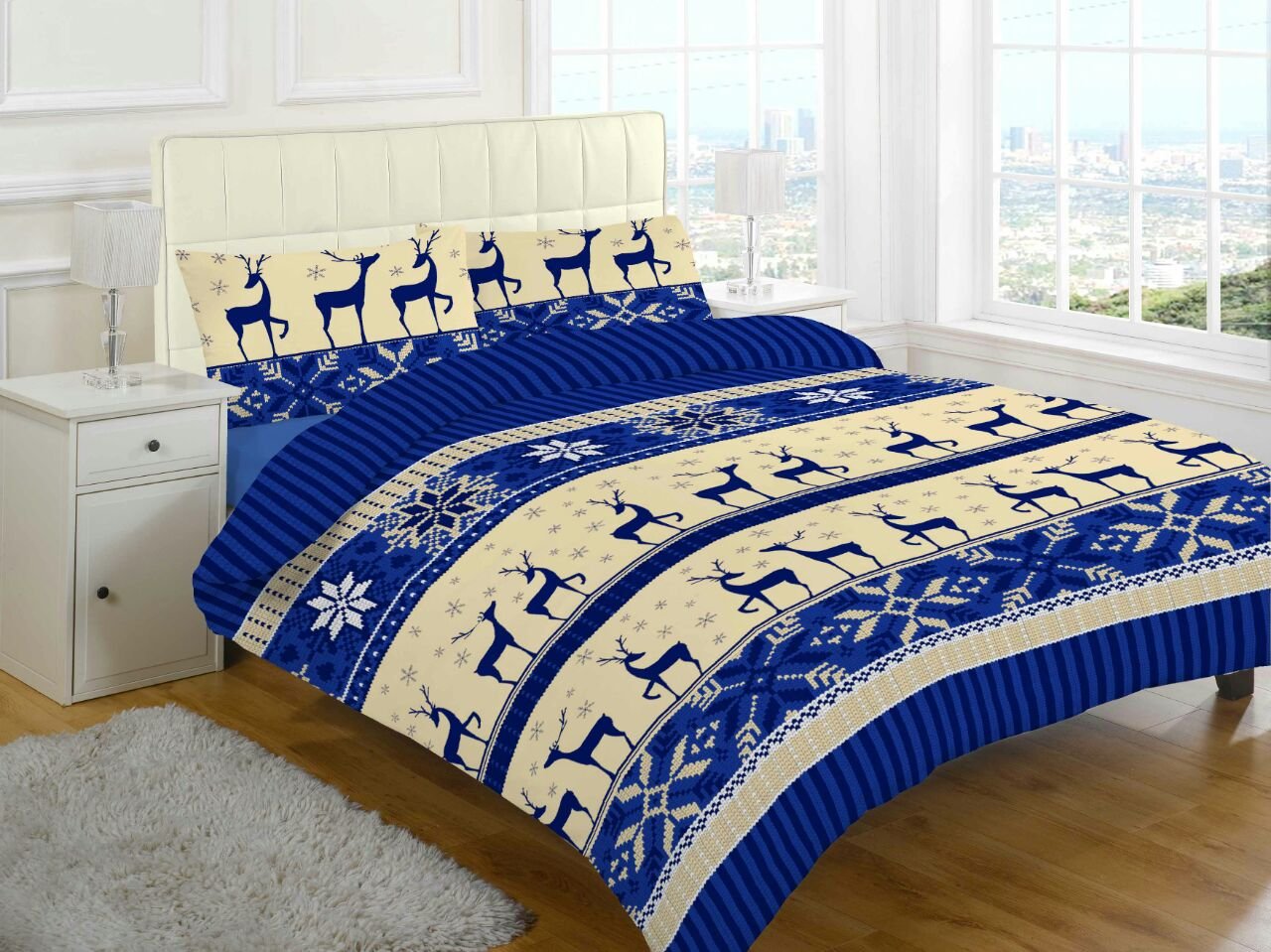 Goldstar Nora Blue Christmas Stag Goldstar® Flannelette Brushed Cotton Sheet Set Include Fitted Sheet, Flat Sheet & Pillow Case (Double, )