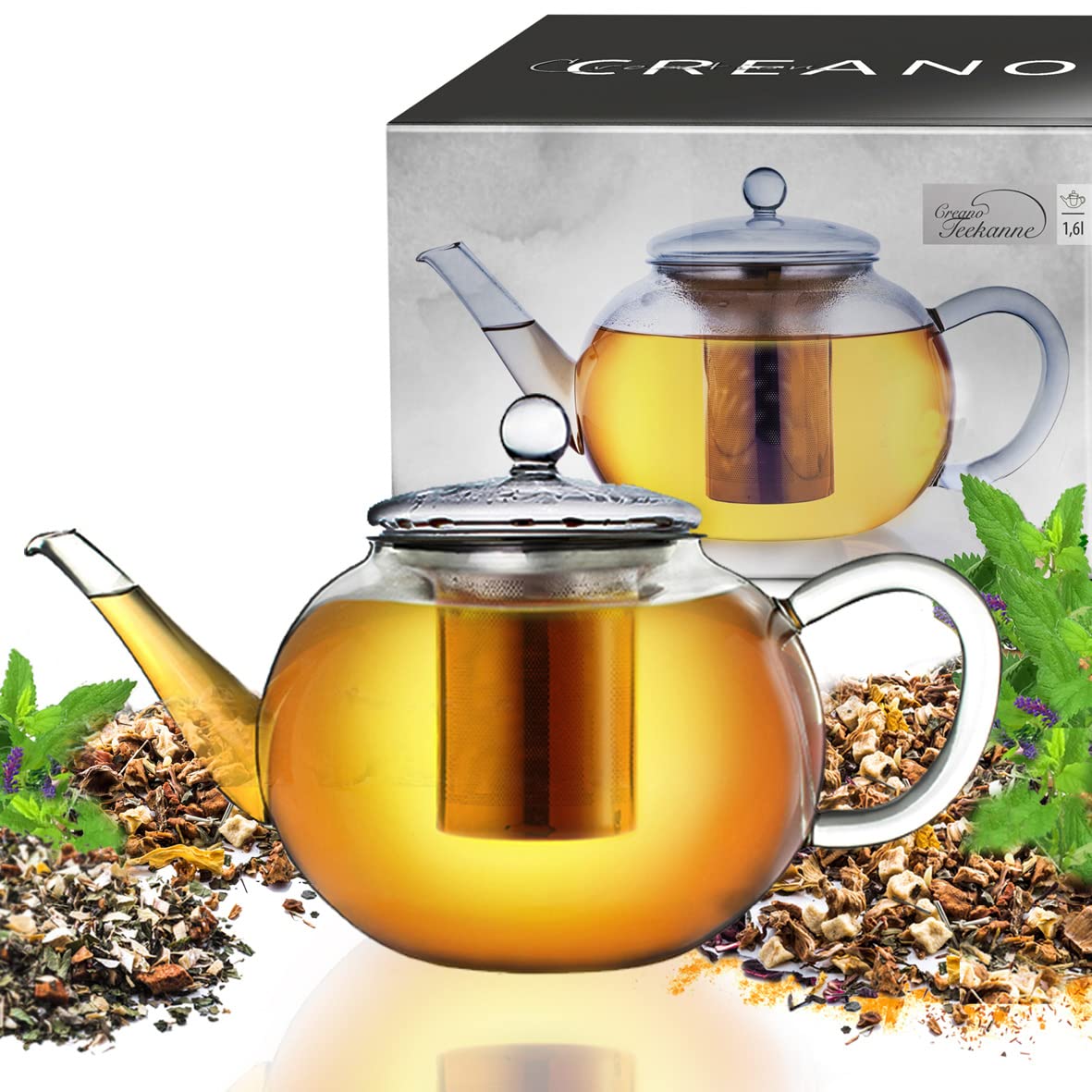 Creano Théière 1,6 l en verre anti-goutte avec filtre inox intégré et couvercle en verre – élégante et résistante à la chaleur – pour thé en vrac, thé en fleurs et tisanes