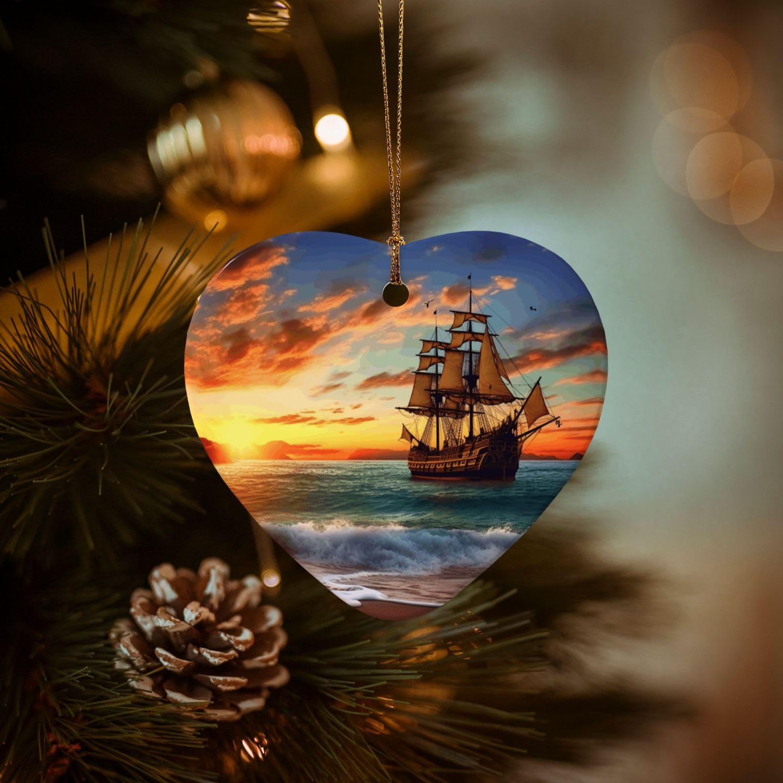 Christmas Ornaments for Christmas Tree Decoration Hanging Pirate Ship in The Sunset Ornament with Gold Ribbon Crafts Heart Shape Ceramic Pendant for Keepsake Gifts Xmas Decor Party Supplies