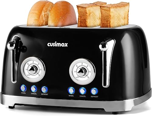 CUSIMAX Tostadora de 4 rebanadas, tostadora retro con ranuras anchas para bagels, tostadora de acero inoxidable con 6 ajustes de tostada, funciones
