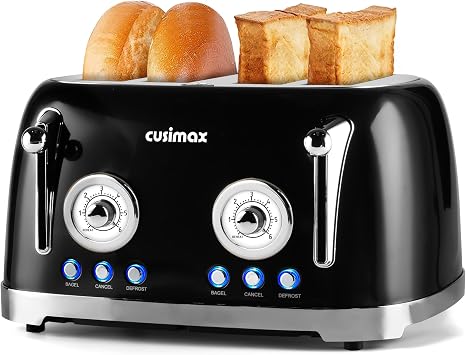 CUSIMAX Toaster 4 Slice, Retro Toaster with Wide Slots for Bagels, Black