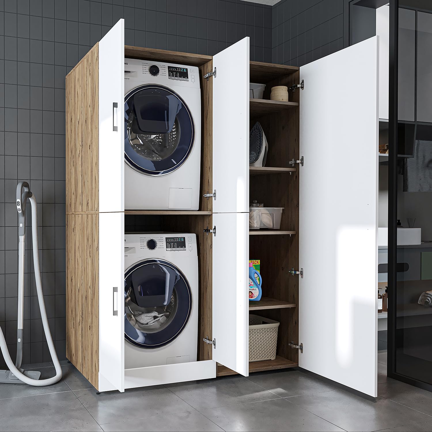 ROOMART Armoire de machine à laver Dora-II - Tour de lavage de 130 cm de large pour machine à laver et sèche-linge (chêne blanc, sans armoire de rangement : 187 x 130 x 73,8 cm)
