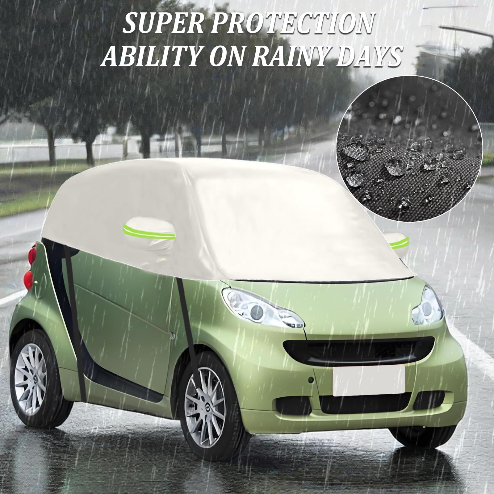 Halbgarage Autoabdeckung Wasserdicht Passend für Smart Fortwo 2006-2025, Halbgarage Verdickter Allwetter, Atmungsaktiv Halbabdeckung Autoplane, Autogarage Halbabdeckung vor Schnee und Sonne (Weiß)