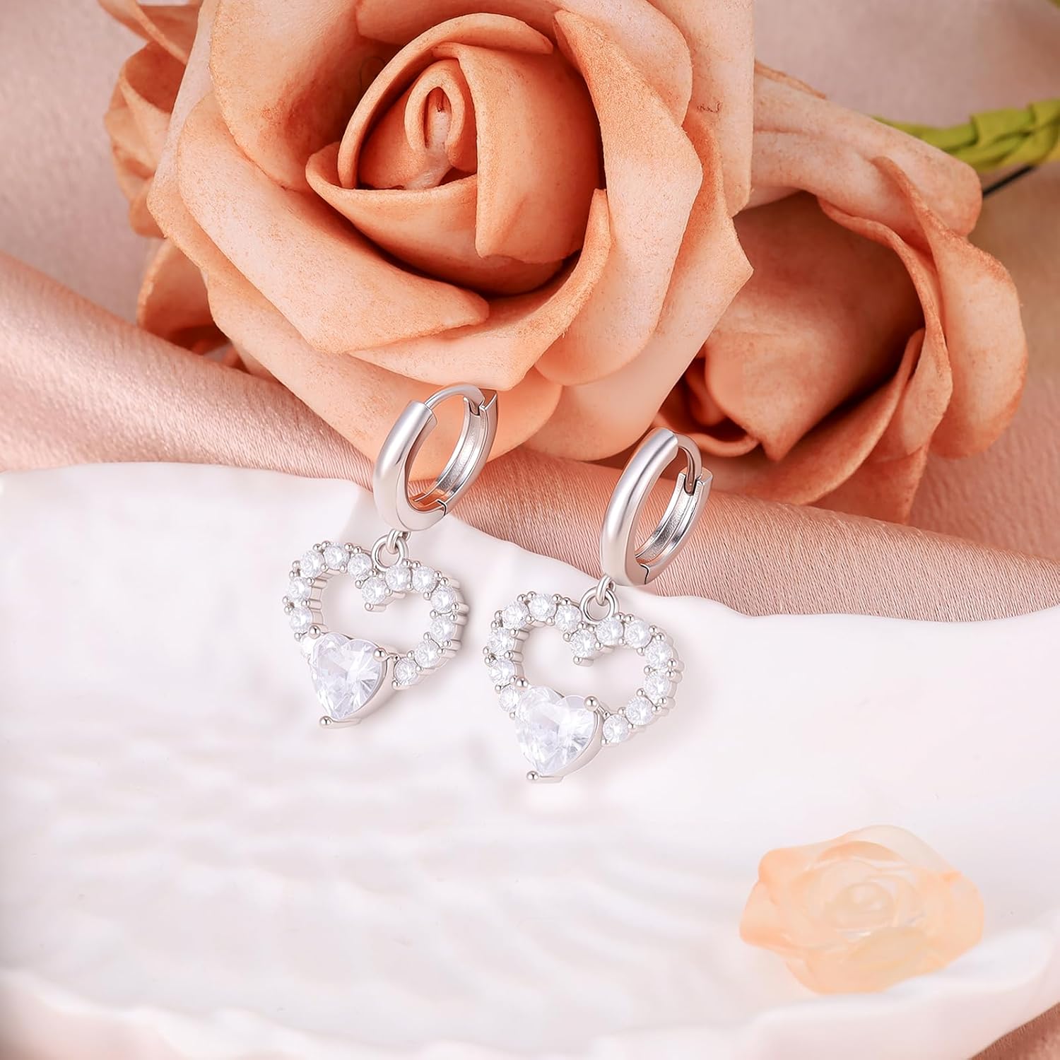 Sterling Silver Dangle Hoop Earrings Charms Lover Heart with White Plated CZ Love Heart Hypoallergenic Fashion Jewelry for Sensitive Ears Dainty Birthday Gift for Women - Image 4