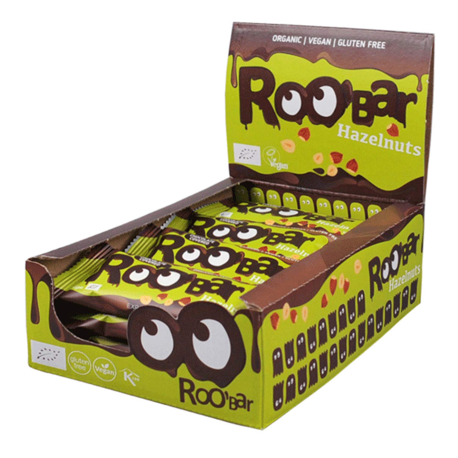 Roobar Chocolate Covered Hazelnut Bar – 100% Organic Vegan Bar for Optimum Nutrition. Dairy & Gluten Free, No Added Refined Sugar, 16 x 30g Bars