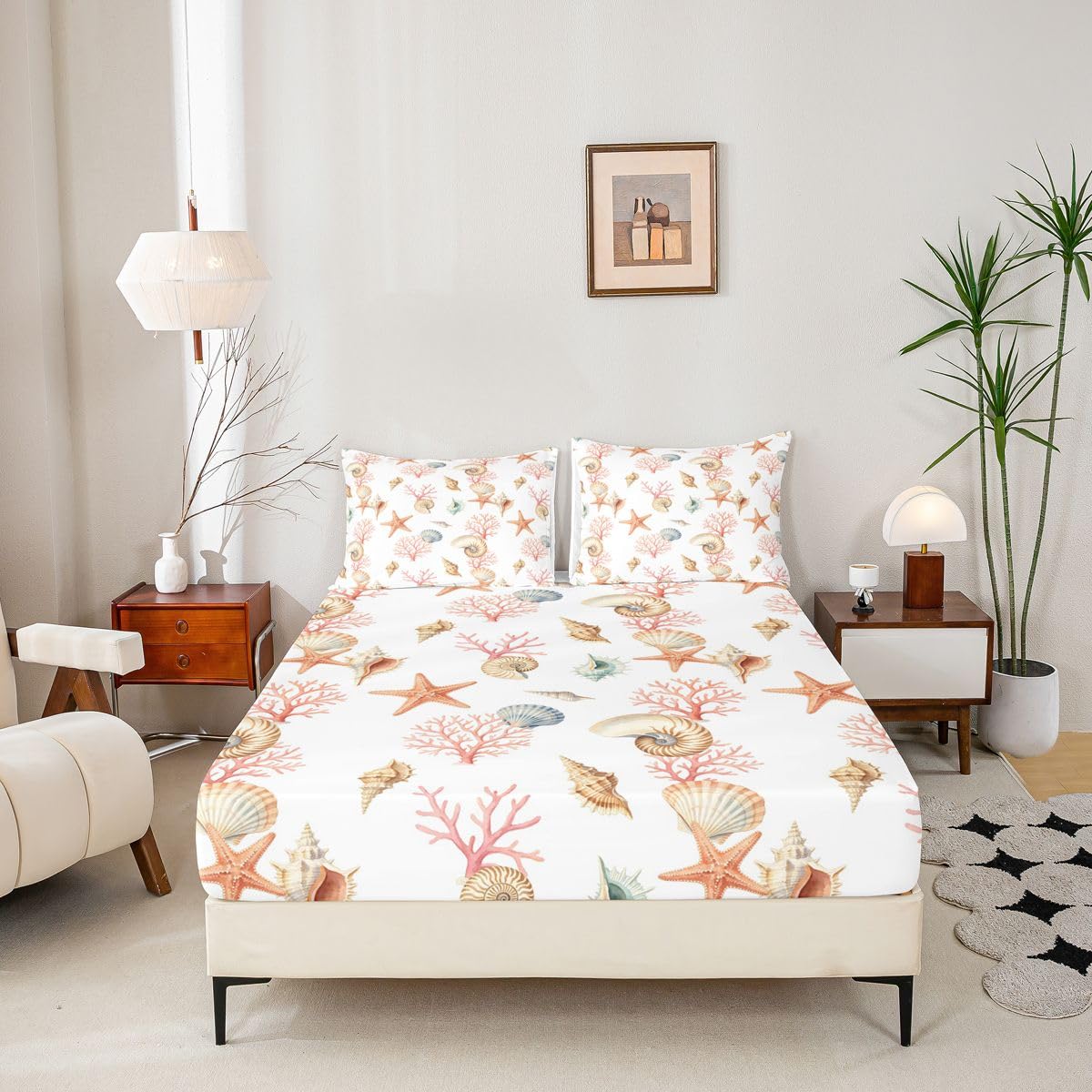 Homewish Coastal Beach prześcieradła podwójne oceaniczne stworzenia, prześcieradło z gumką, głęboka kieszeń, 40 cm, zestaw pościeli z muszlą, motyw koralowej rozgwiazdy, z 2 poszewkami na poduszki
