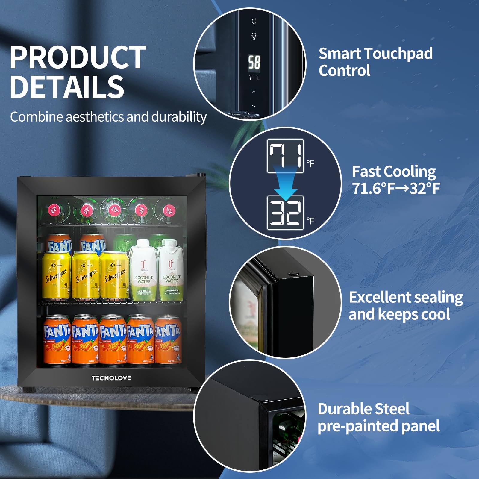 Beverage Refrigerator Cooler,Mini Fridge,Free Standing,1.6 Cu.Ft Cools Down To 32 ℉,Stainless Steel,LED Touchscreen Digital Temp Control,Under Counter,Double-Layer Glass Door,Adjustable Shelves,Black on Fridge.com - View 2