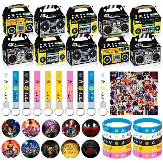 Stranger Party Favors 90Pcs Party Supplies Include 10 Pieces Retro Radio Party Favor Boxes, 10 Wristbands,10 Button Pins,10 Keychains, 50 Stickers for Vintage Theme DIY Party Decorations