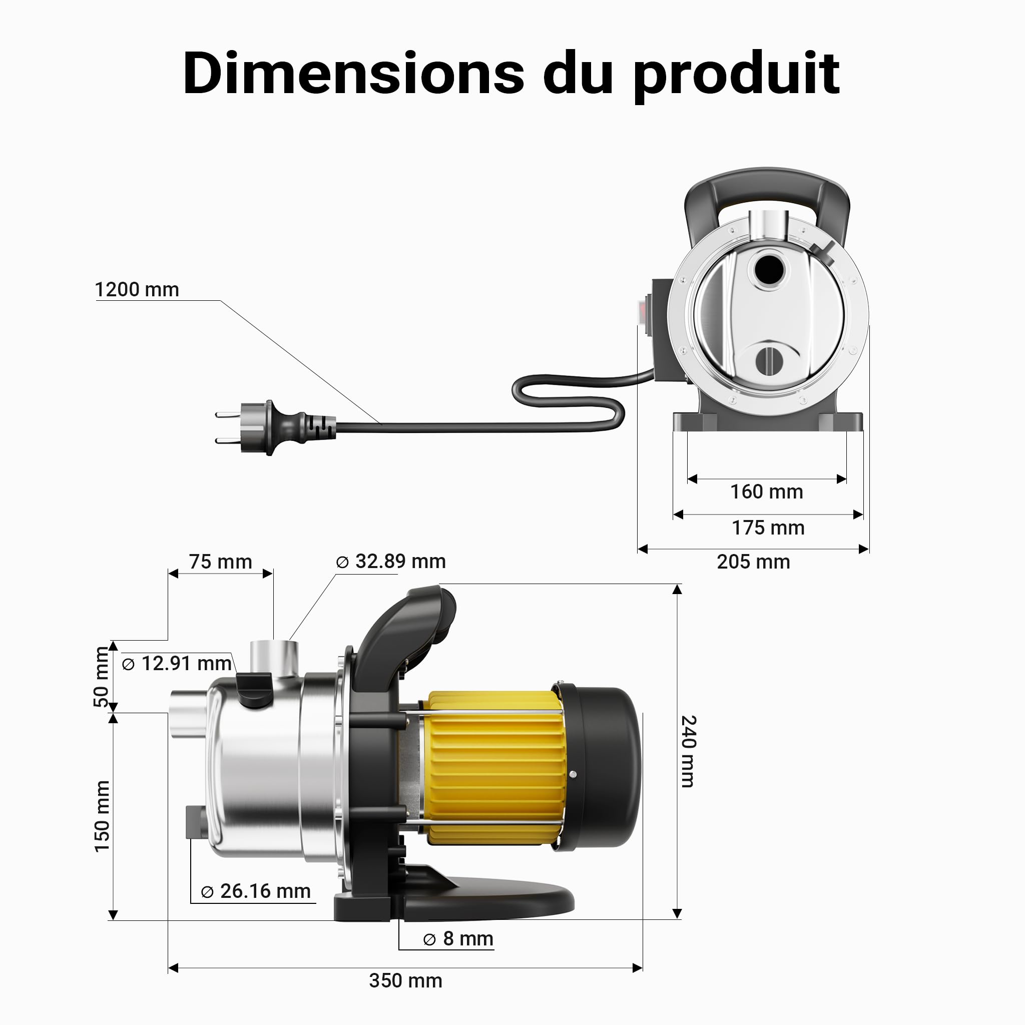 Wiltec Pompe de jardin – 3800 l/h / 1200 W – Hauteur de débit 48 m – en Acier fin – pour Eau douce de puits – avec Poignée de transport & Vis de purge