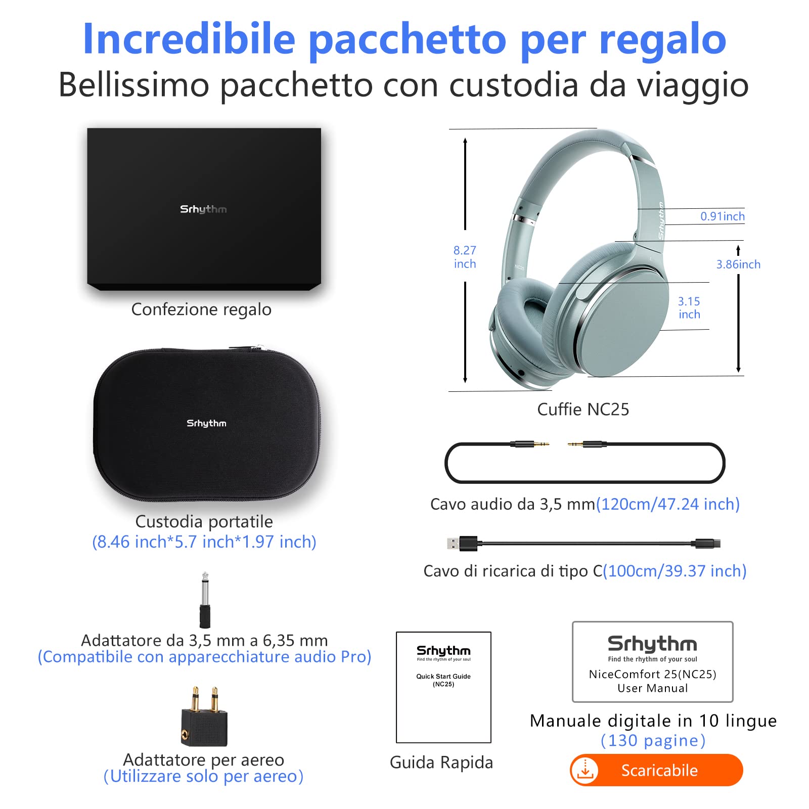 Srhythm NC25 Cuffie Stereo con Cancellazione Attiva del Rumore, Bluetooth 5.3, Auricolari ANC Over-ear con Hi-Fi, Microfono, Autonomia di 50 Ore, Assistente Vocale, ModalitàGioco a Bassa Latenza