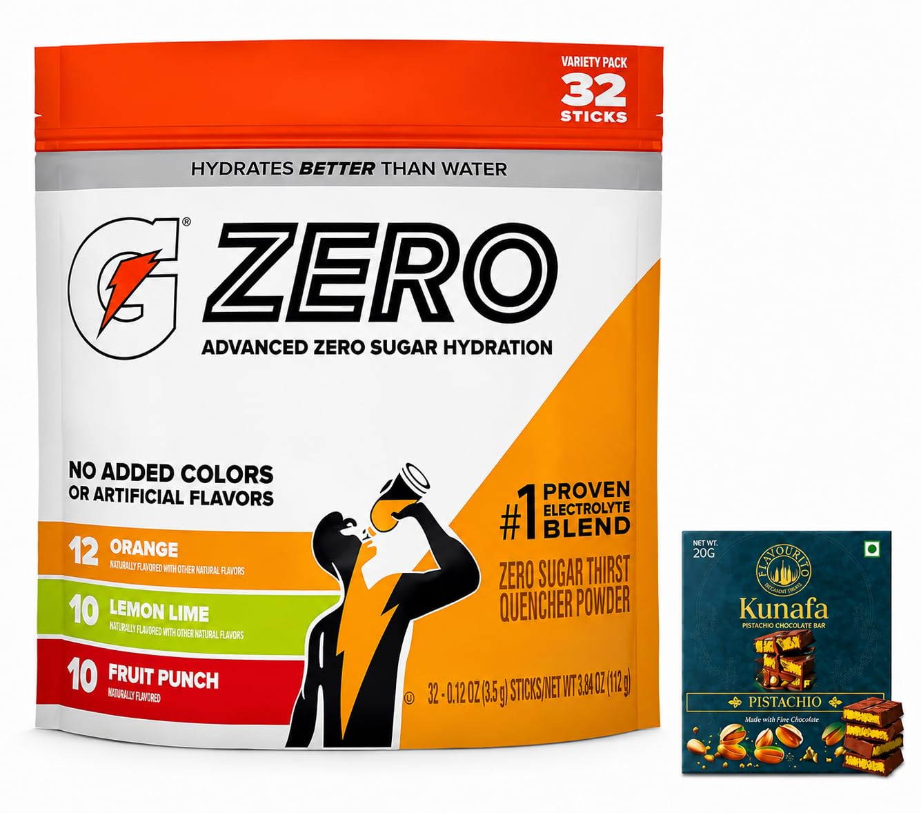 Gatorade ZERO Sugar Thirst Quencher Powder Orange, Lemon Lime & Fruit Punch, (32 Sticks), 112g with Free Kunafa Pistachio Chocolate Bar, 20g By Decadent Foods-image-19