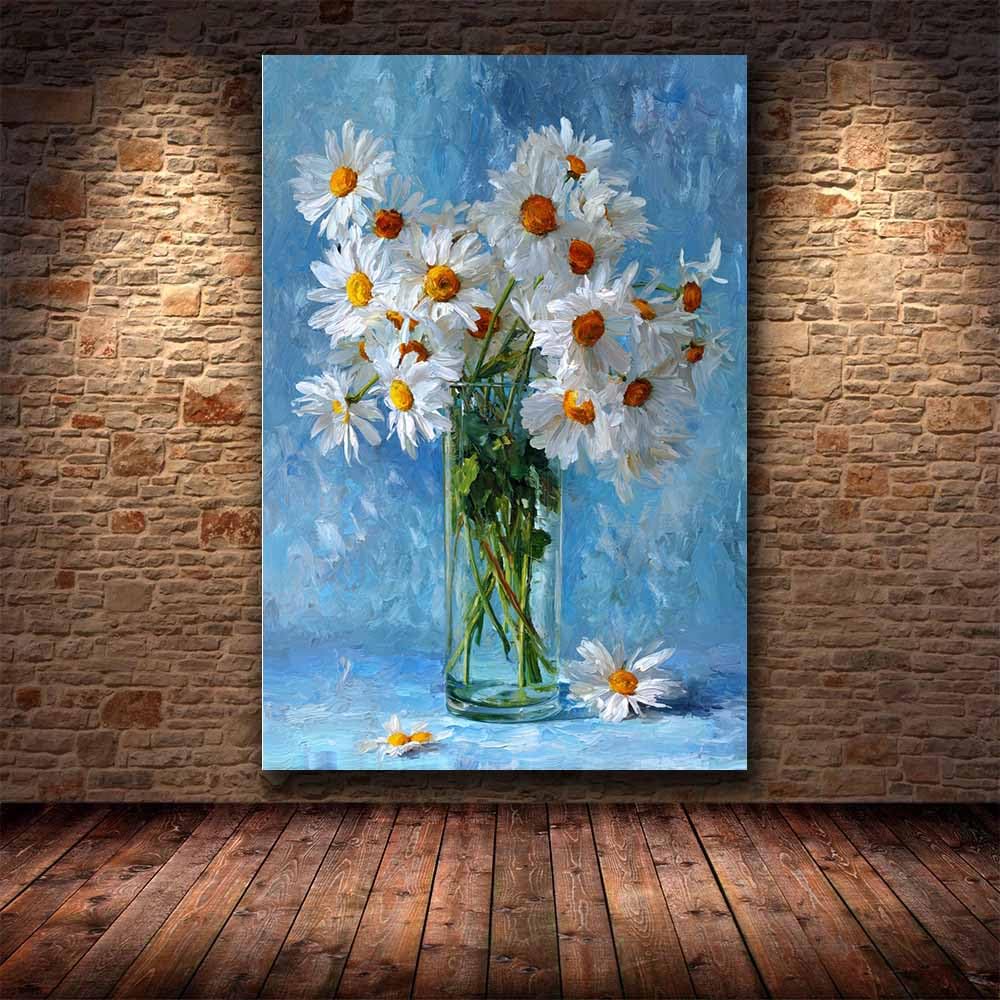 WUFIEA Semplice arte botanica Stampe su Canvas margherita per Camera da Letto Agriturismo Soggiorno Bagno(Rosso bianco)-60x90cm Incorniciato