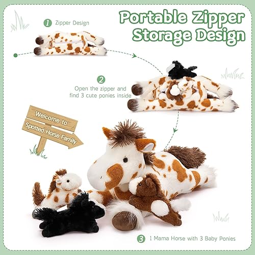 Miniatura 7 de MaoGoLan 4 piezas de animales de peluche de caballo, caballo grande moteado de mamá con juguetes de bebés poni, peluches de poni a granel para