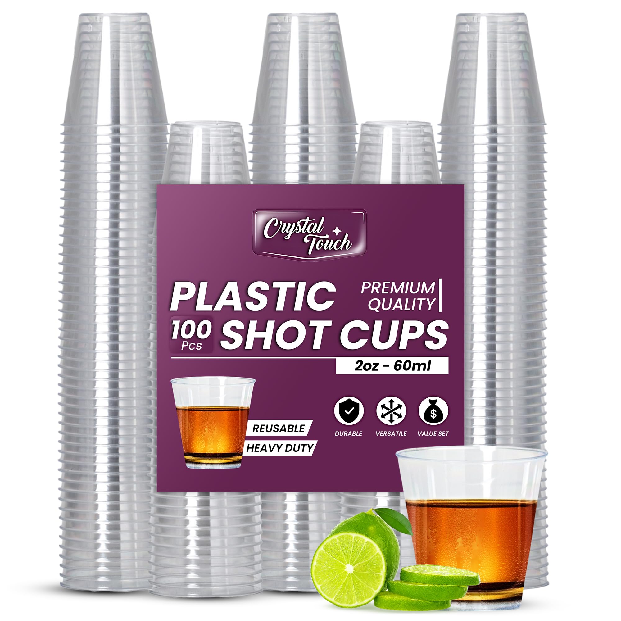 Crystal Touch Transparent 2Oz Shot Glass Set - 100 Disposable, Durable Plastic Cups - Crystal Clear Dessert Cups For Birthday, Wedding, Anniversary Party Tasting