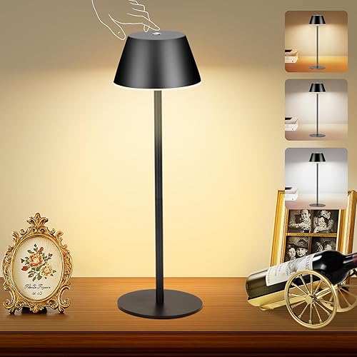 Lámparas de mesa inalámbricas, lámpara LED recargable a batería con 2 alturas ajustables, 3 colores, atenuación continua, control táctil, lámpara de