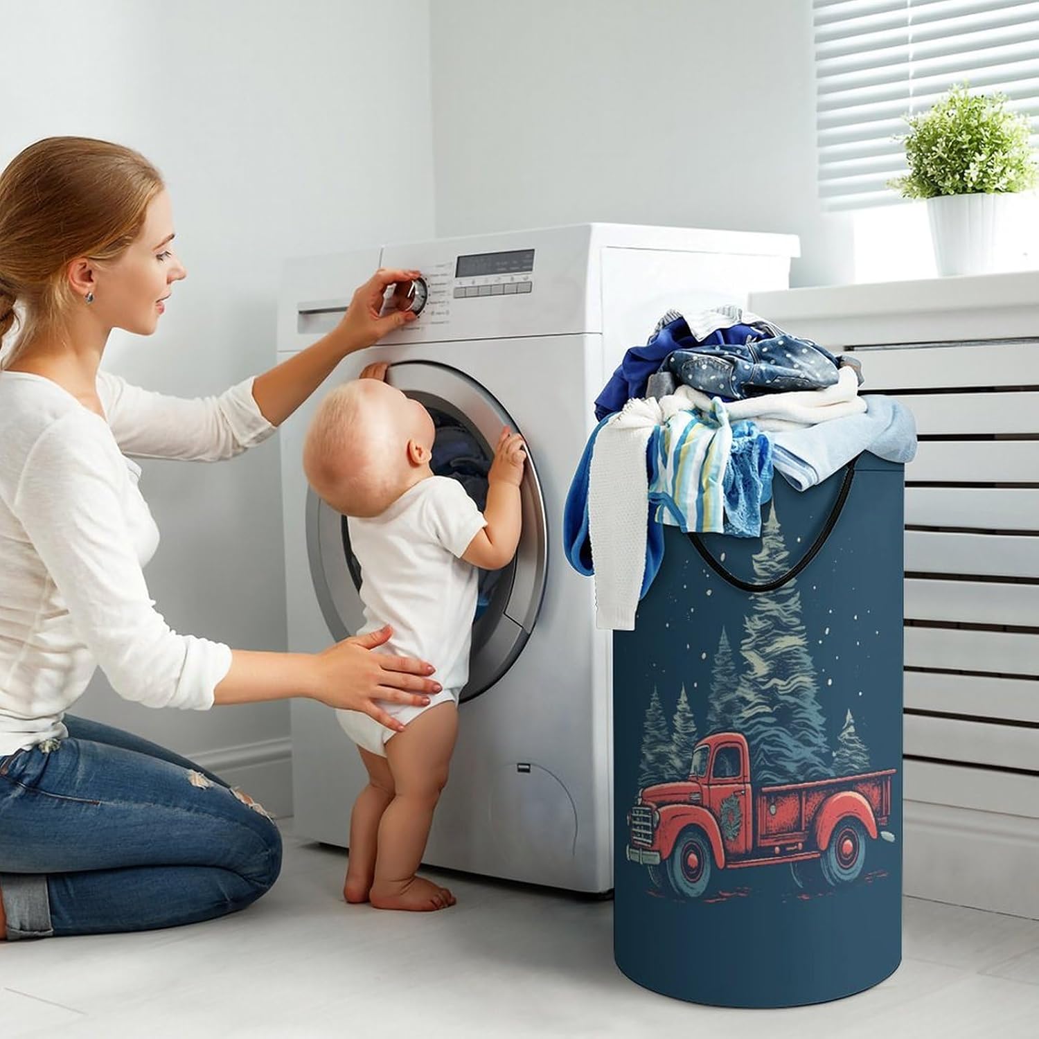 Large Laundry Basket Red Truck with Christmas Tree Dirty Clothes Hamper Collapsible Waterproof Laundry Hamper with Handles Freestanding Toy Blanket Storage Basket for Bedroom Bathroom