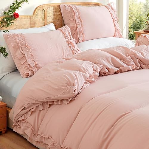 Miniatura 3 de MOVE OVER Juego de edredón rosa con volantes, tamaño King, juego de ropa de cama de 2 capas con volantes, juego de edredón de 3 piezas, ligero y