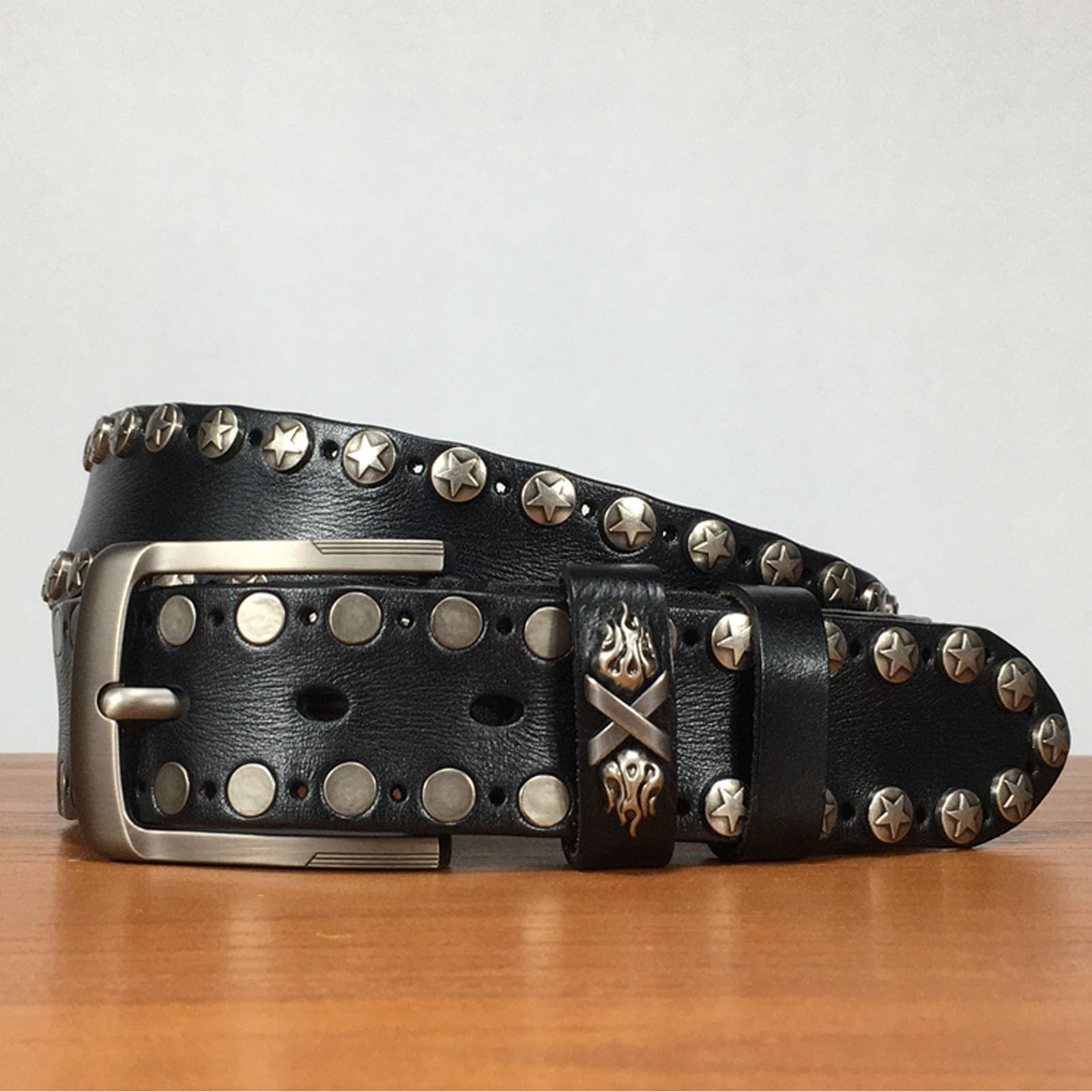 Mens Studded Belt, Leather Biker Round Rivet Punk Belt for Men