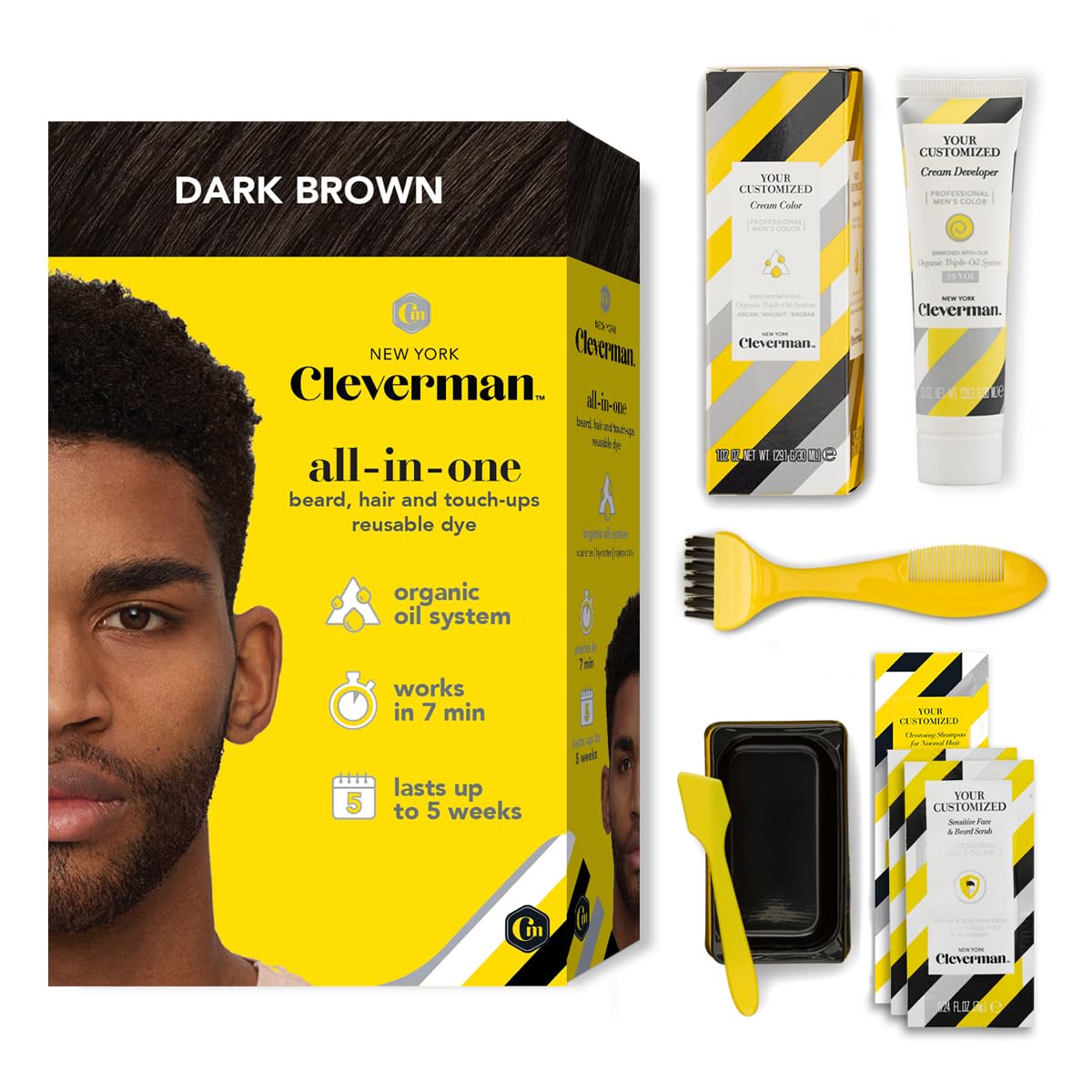 Cleverman Hair & Beard Dye Kit for Men, All-in-One Reusable Mens Hair Color, Natural Gray Coverage, Ammonia-Free Beard Mustache Dye for Men (Dark Brown for Black Men)
